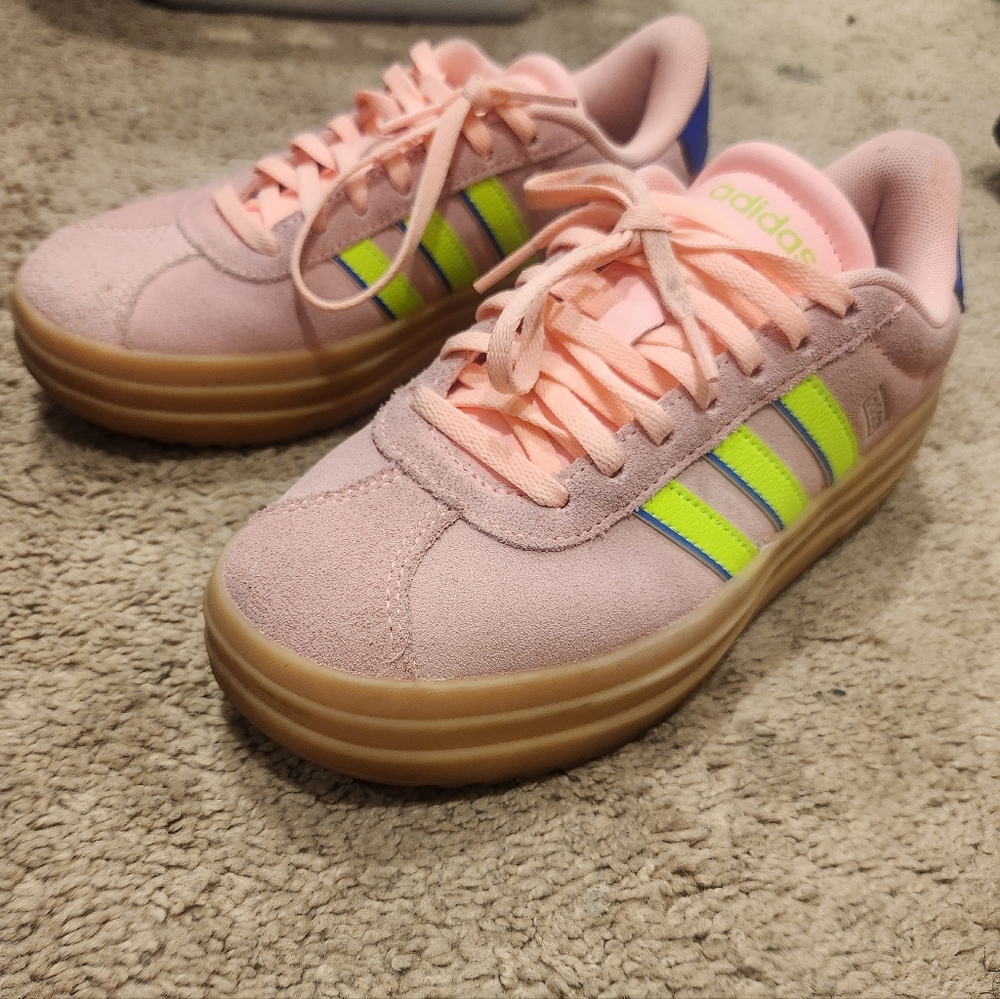 Adidas Light Pink Sneakers with Neon Yellow Stripes